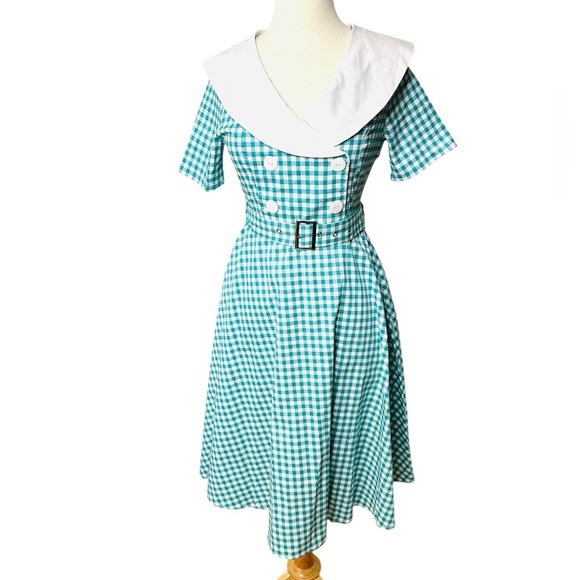 Vintage Blue Fit and Flare Midi Dress with Asymmetrical Neckline - Picture 4 of 7